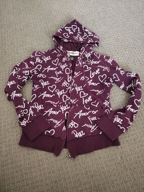 Zip-Up Hoodie Jacket - Deep Plum with White Script